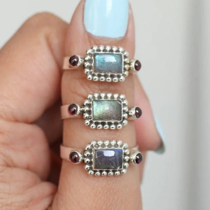 Labradorite And Garnet Gemstone Handcrafted Statement Ring