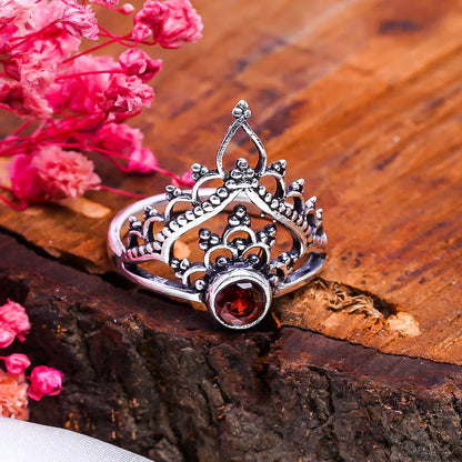 Garnet Gemstone Handcrafted Statement Crown Ring