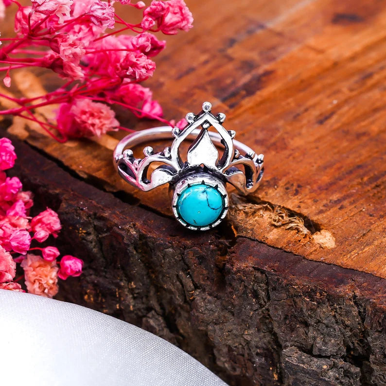 Crown Turquoise Gemstone Handcrafted Birthstone Ring