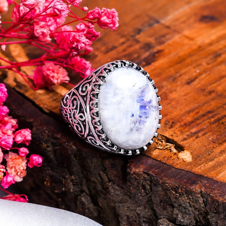 Blue Flash Rainbow Moonstone Gemstone Ring
