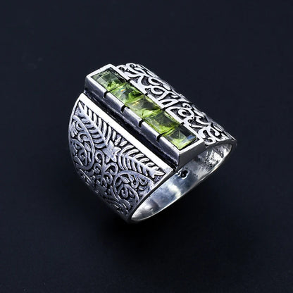 Peridot Gemstone Textured Wide Band Handcrafted Ring