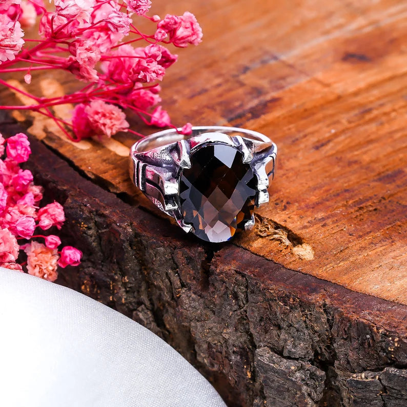 Smokey Quartz Gemstone Cut Stone Statement Ring