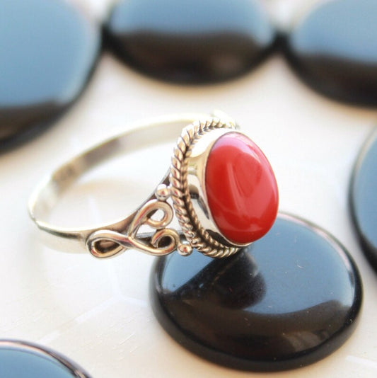 Red Coral Bohemian Hippie Handcrafted Birthstone Ring