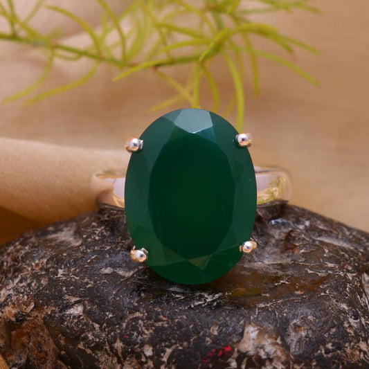 Oval Shaped Green Onyx Gemstone Handcrafted Birthstone Ring