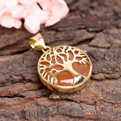 Tree Of Life Carnelian Gemstone Round Pendant