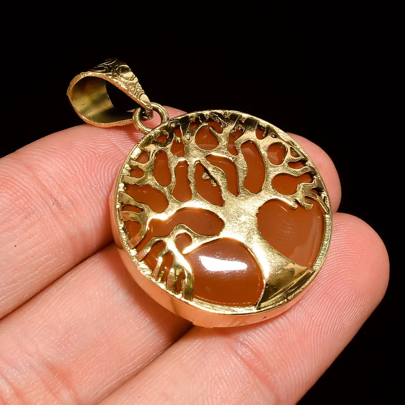 Tree Of Life Carnelian Gemstone Round Pendant