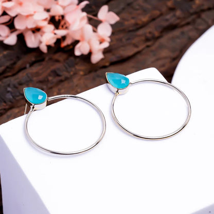 Aqua Chalcedony Gemstone Round Hoop Earrings