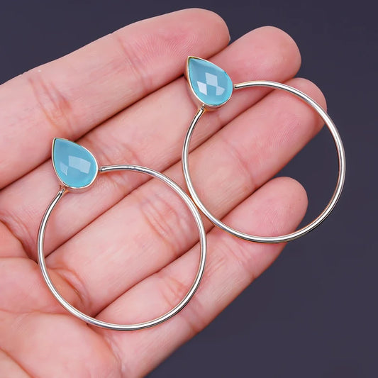 Aqua Chalcedony Gemstone Round Hoop Earrings