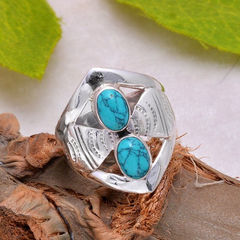 Natural Turquoise Gemstone Dual Stone Handmade Signet  Ring