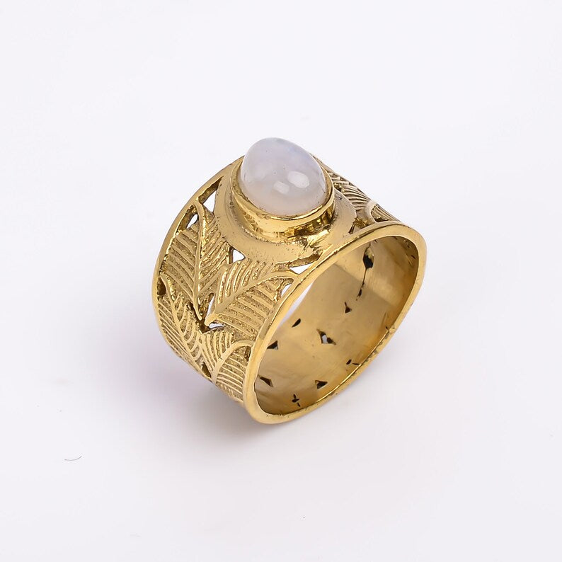 Rainbow Moonstone Gemstone Wide Band Statement Ring