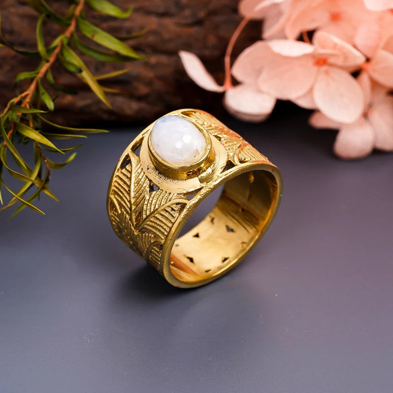 Rainbow Moonstone Gemstone Wide Band Statement Ring