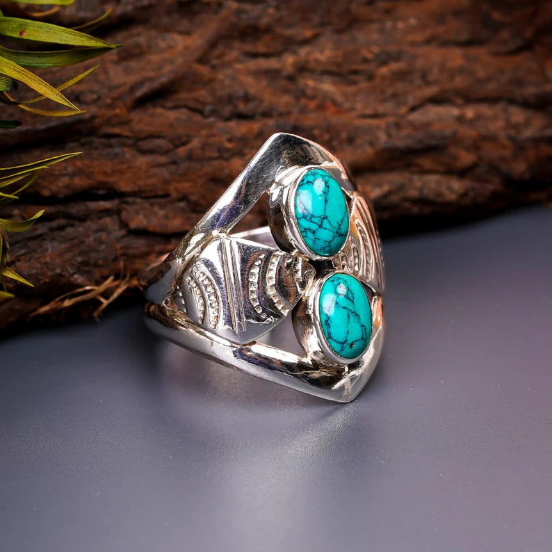 Natural Turquoise Gemstone Dual Stone Handmade Signet  Ring