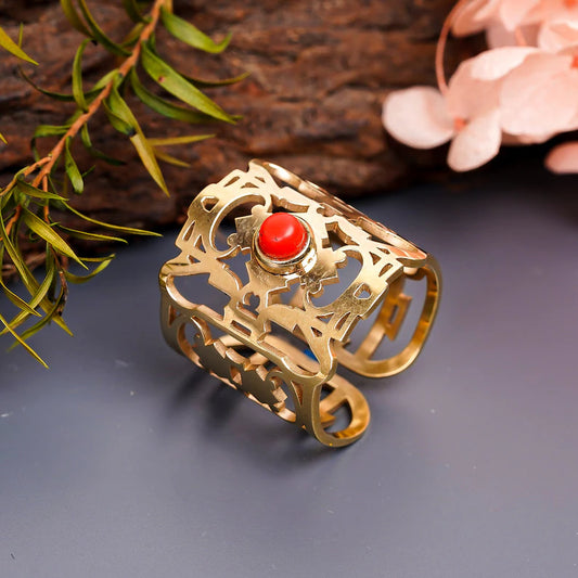 Coral Gemstone Wide Band Thumb Statement Ring