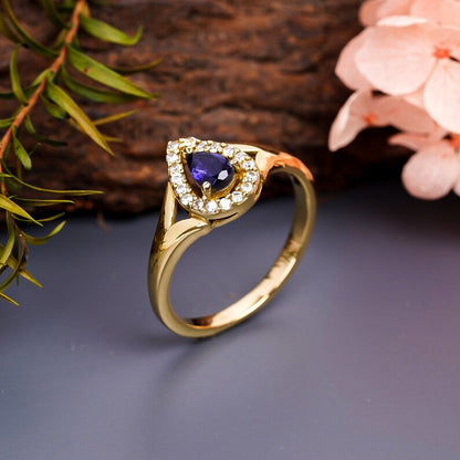Natural Iolite And Cubic Zirconia Gemstone Engagement Promise Ring