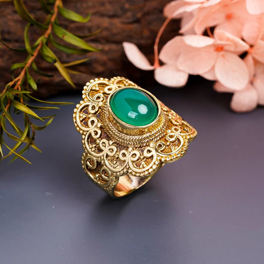 Green Onyx Semi Precious Antique Band Signet Ring