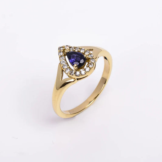 Natural Iolite And Cubic Zirconia Gemstone Engagement Promise Ring