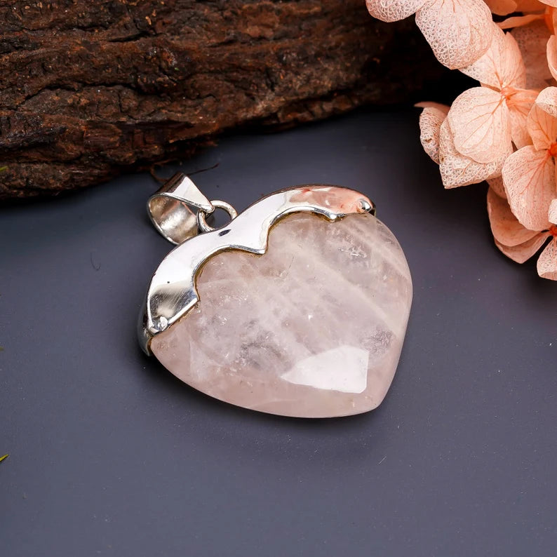 Rose Quartz 925 Sterling Silver Heart Shaped Pendant