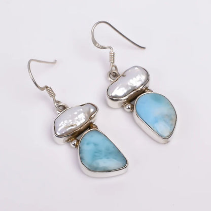 Natural Gemstone Pearl And Larimar Handcrafted Earrings