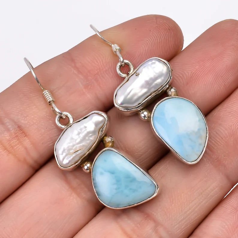 Natural Gemstone Pearl And Larimar Handcrafted Earrings