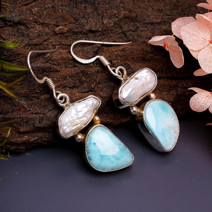 Natural Gemstone Pearl And Larimar Handcrafted Earrings