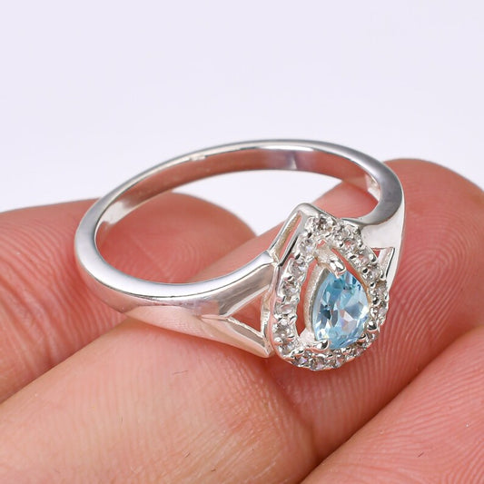 Elegant Blue Topaz Handcrafted Gemstone Engagement Ring