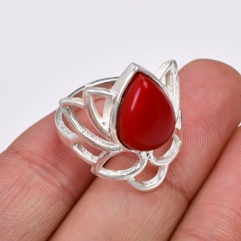 Coral Gemstone Statement Handcrafted Flower Design Ring