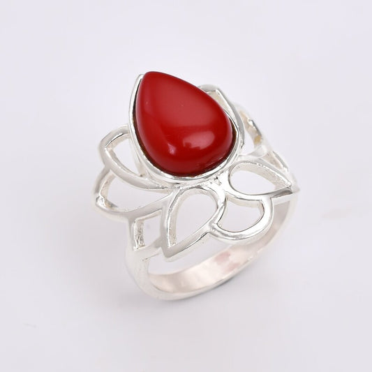 Coral Gemstone Statement Handcrafted Flower Design Ring