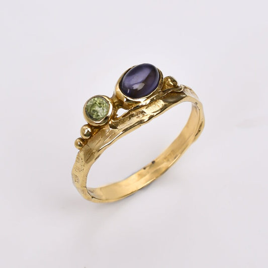 Cubic Zirconia And Lolite Gemstone Statement Handcrafted Ring