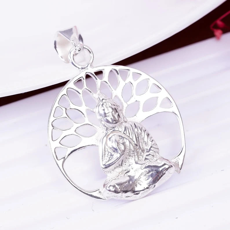 Tree Of Life Buddha 925 Sterling Silver Round Pendant