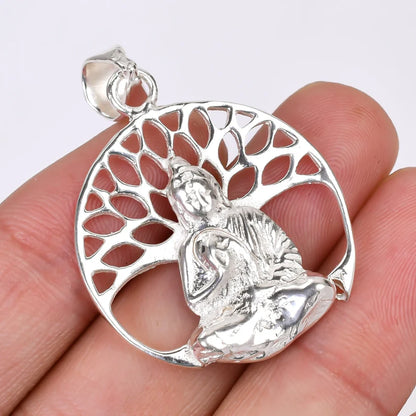 Tree Of Life Buddha 925 Sterling Silver Round Pendant