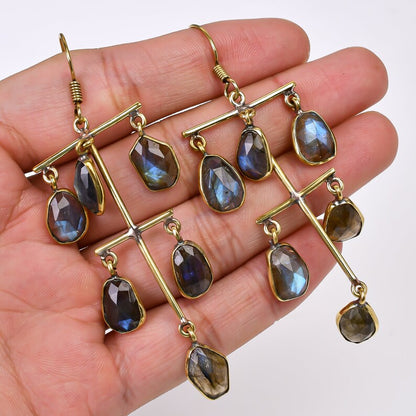 Natural Labradorite Gemstone Handcrafted Drop Earrings
