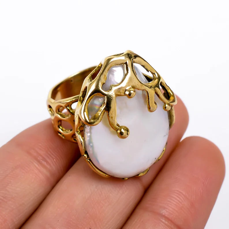 Natural Gemstone Handcrafted Statement Pearl Ring