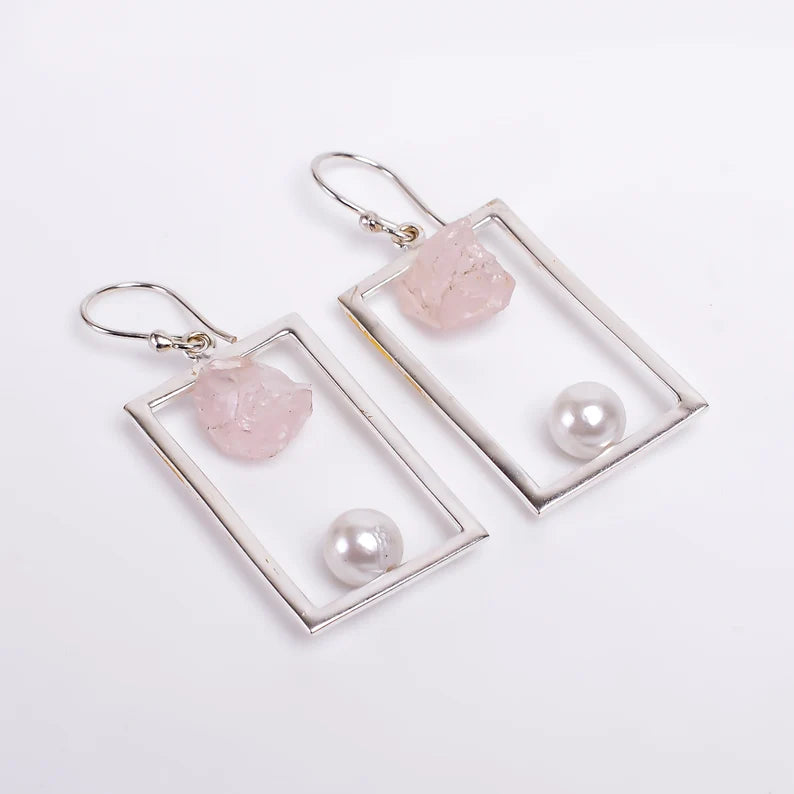 Rose Quartz Gemstone Pearl Dangle Handmade Drop Earrings