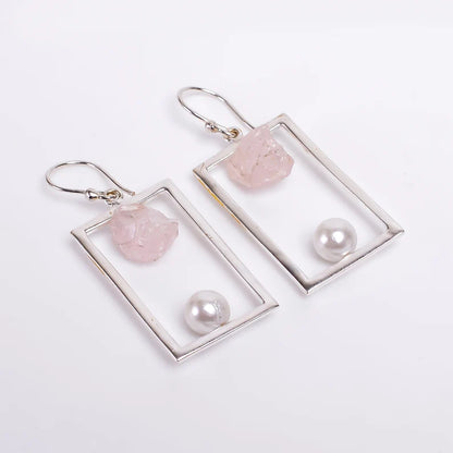Rose Quartz Gemstone Pearl Dangle Handmade Drop Earrings