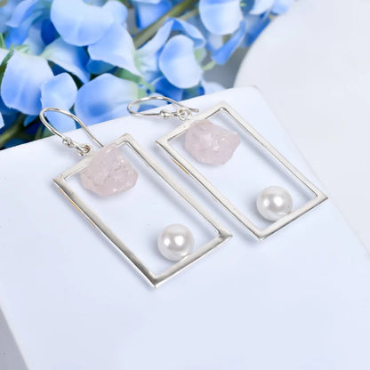Rose Quartz Gemstone Pearl Dangle Handmade Drop Earrings