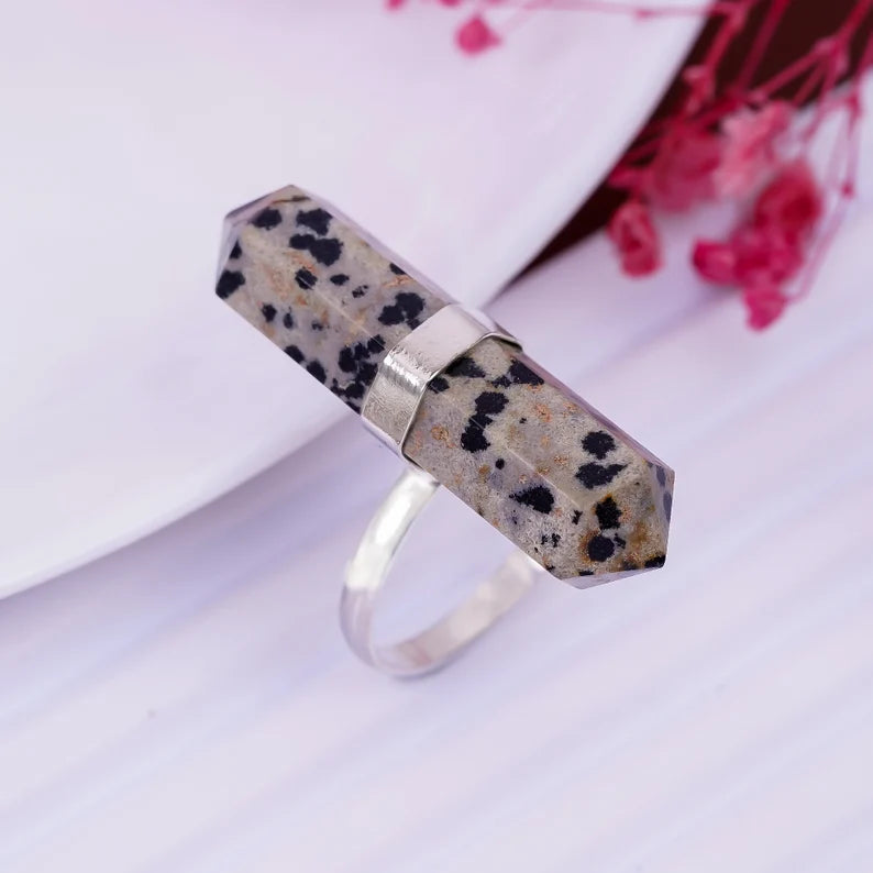 Dalmatian Jasper Gemstone Pencil Point Statement Ring