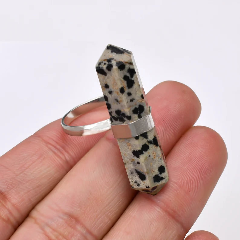 Dalmatian Jasper Gemstone Pencil Point Statement Ring