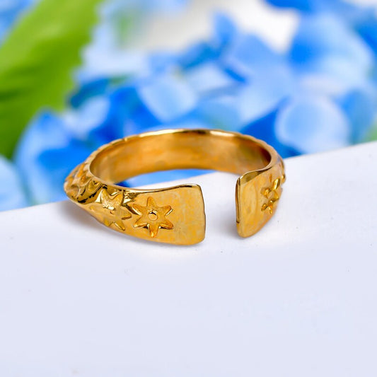 Flower Engraved Design Handcrafted Open Statement Ring