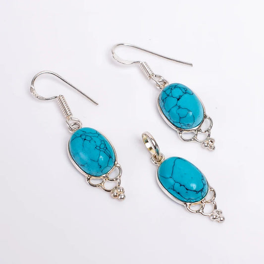 Turquoise Natural Gemstone Elegant Earrings and Pendant Combo Handcrafted Jewelry Set