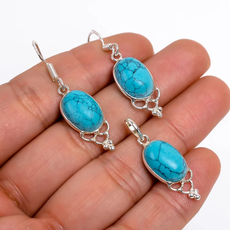 Turquoise Natural Gemstone Elegant Earrings and Pendant Combo Handcrafted Jewelry Set