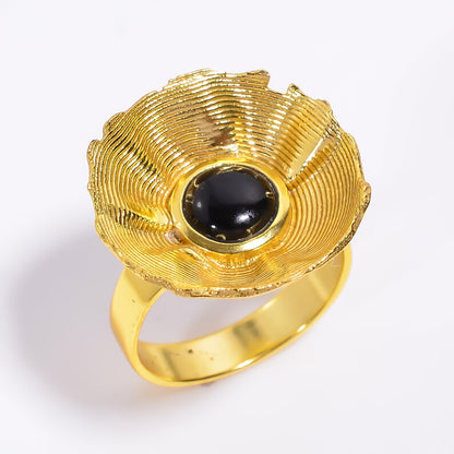 Black Onyx Gemstone Flower Design Signet Ring