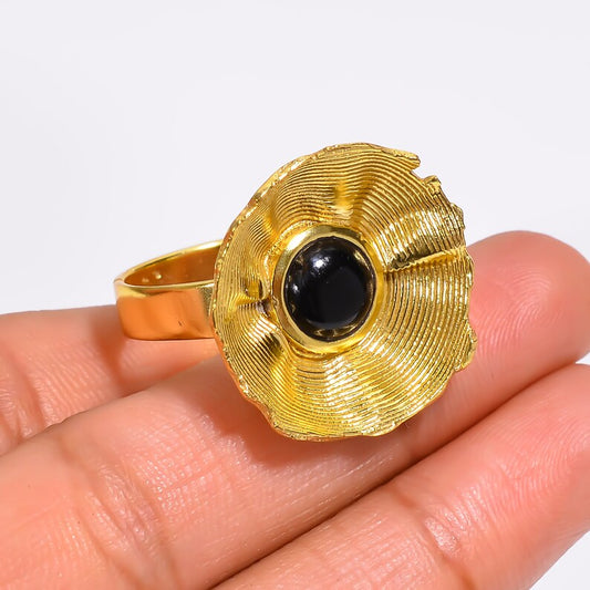 Black Onyx Gemstone Flower Design Signet Ring