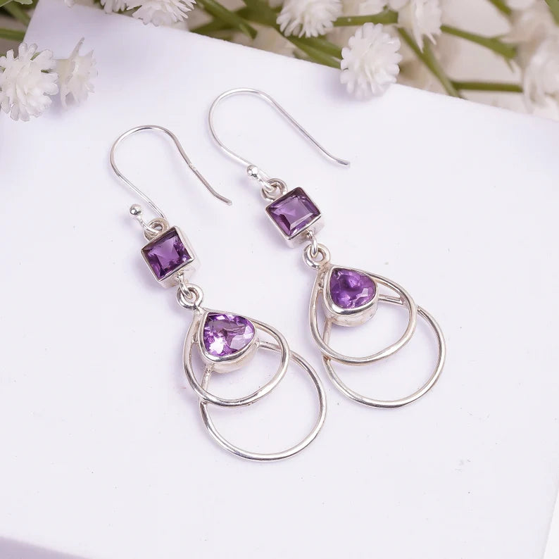Natural Amethyst Gemstone Handcrafted Drop Earrings