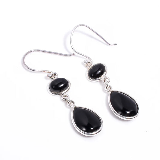 Natural Black Onyx Gemstone Handcrafted Drop Earrings