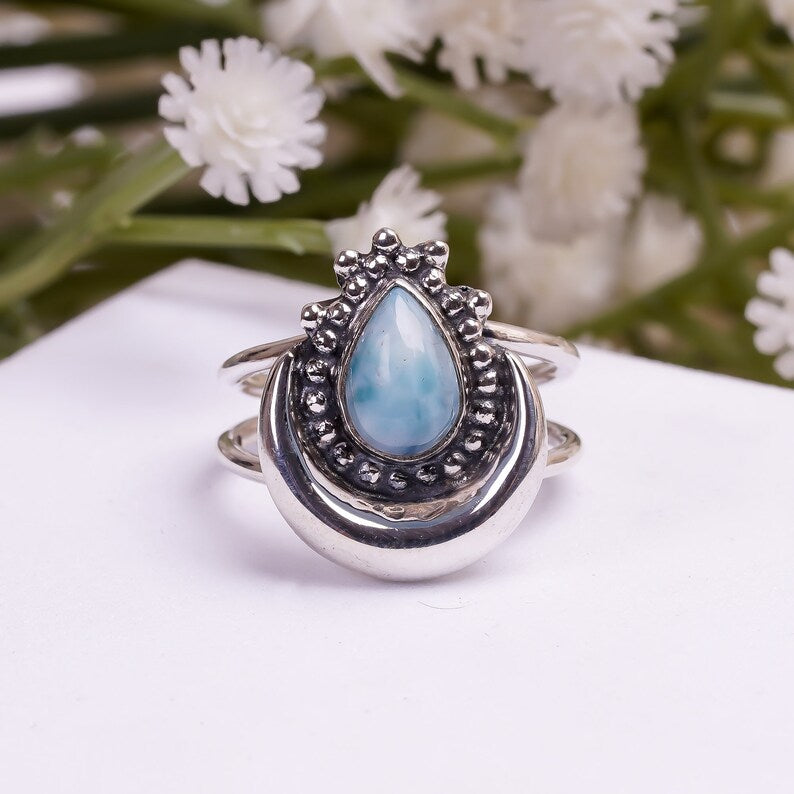 Larimar Handcrafted Signet Natural Gemstone Ring