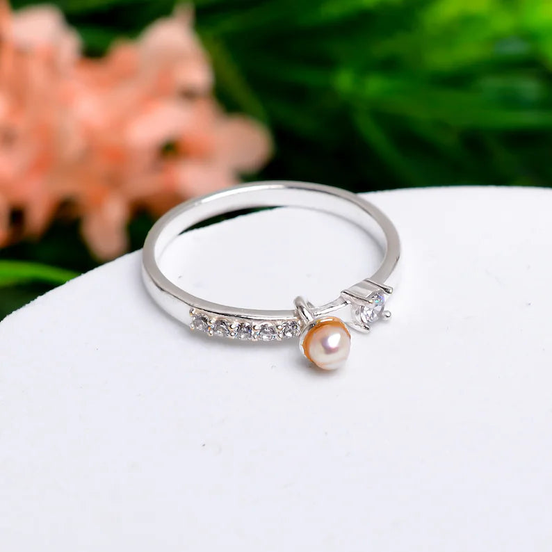 Pearl And Cubic Zirconia Handcrafted Gemstone Statement Ring