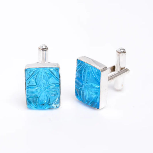 Engraved Glass Stone 925 Sterling Silver Cufflinks