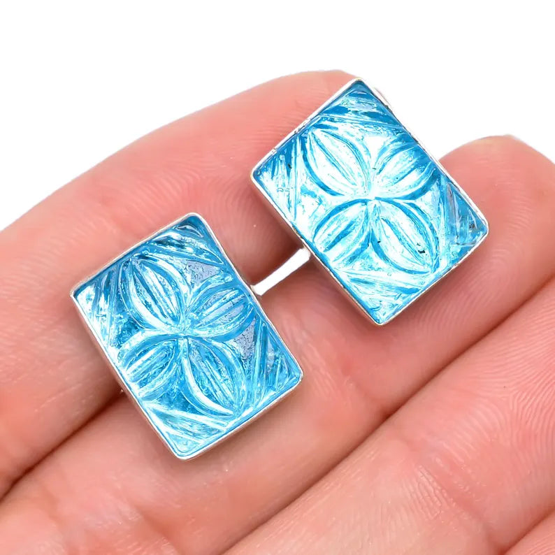 Engraved Glass Stone 925 Sterling Silver Cufflinks