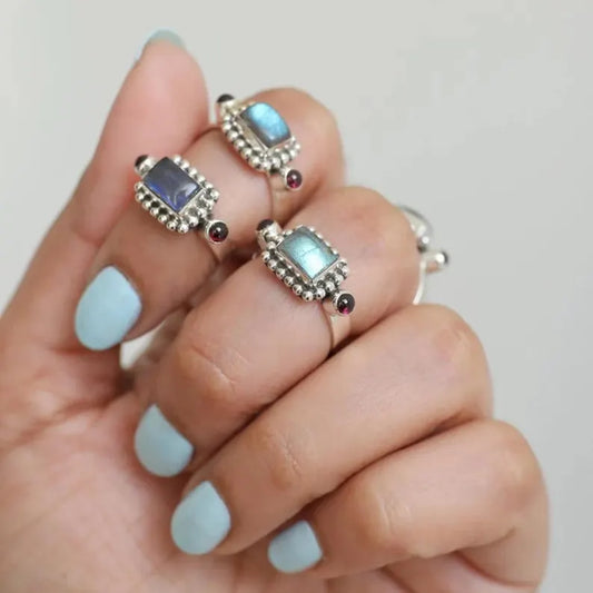 Labradorite And Garnet Gemstone Handcrafted Statement Ring