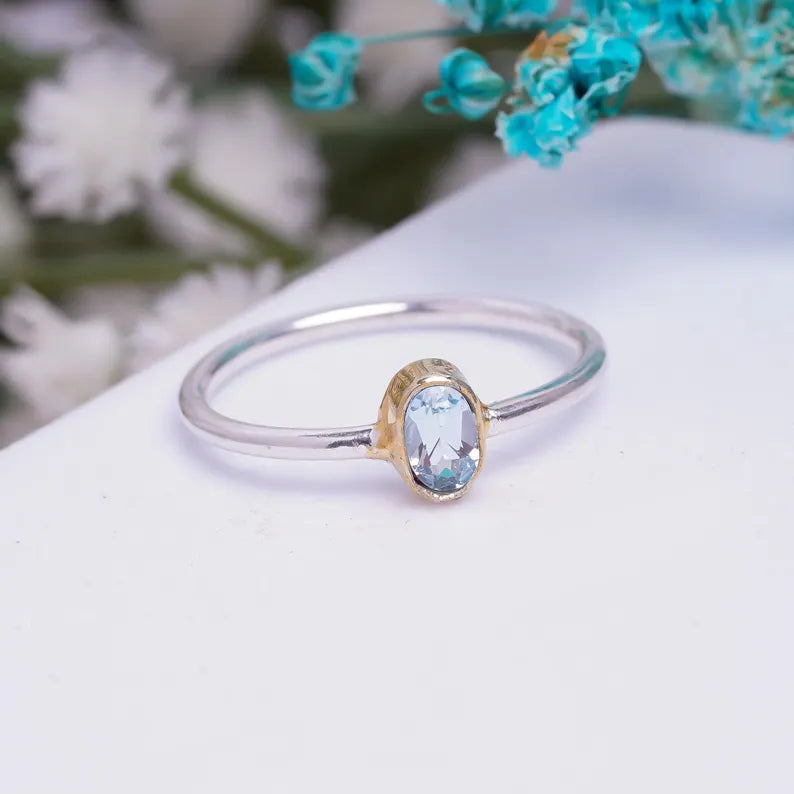 Blue Topaz Handcrafted Dual Tone Birthstone Natural Gemstone Ring